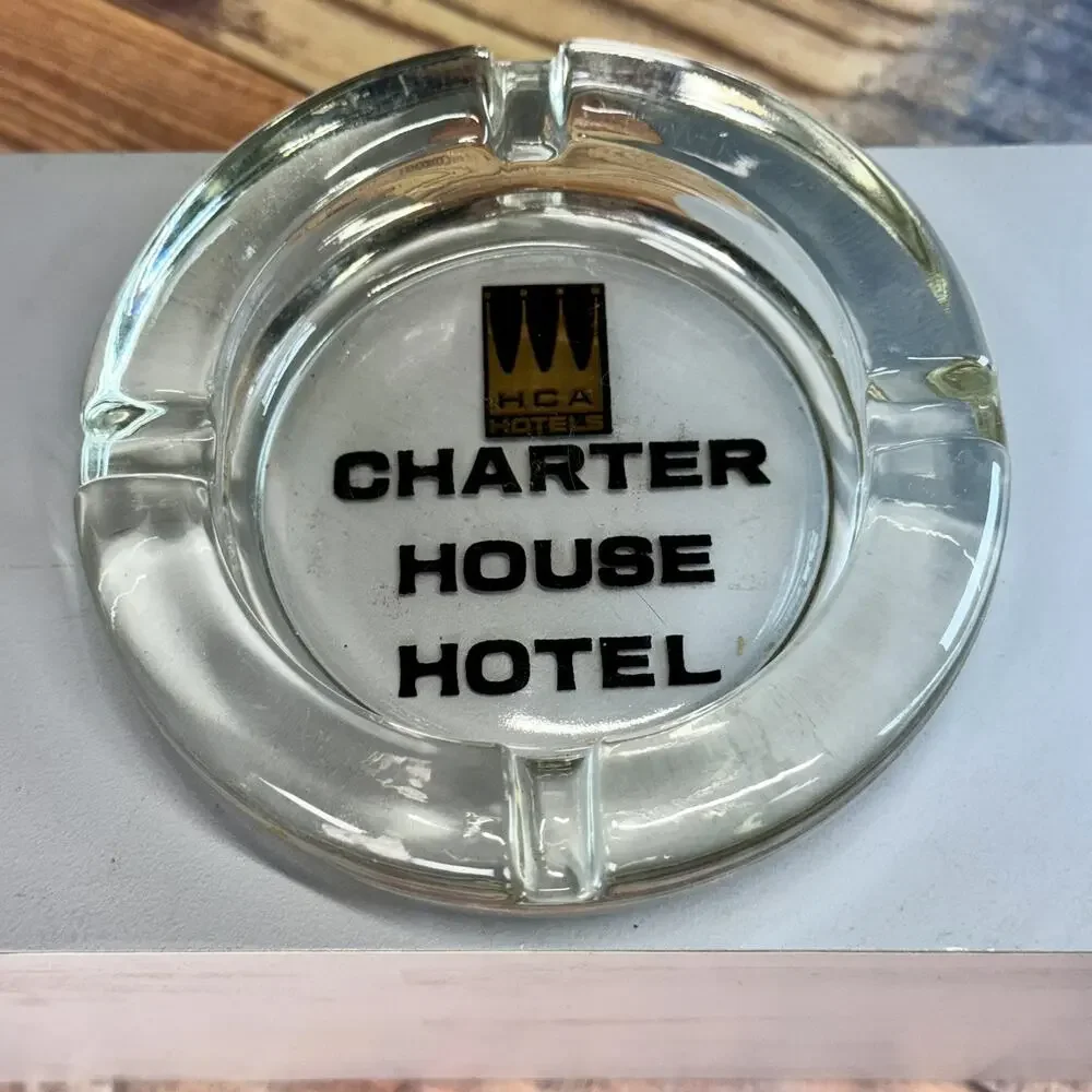 Vintage 60’s Glass‎ Ashtray Charter House Hotel HCA Gold Crown Logo Advertising